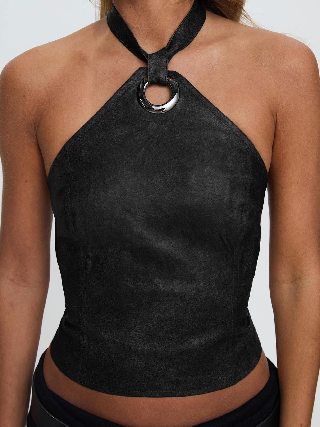 Women's Solid Lace Up Backless Halter Top, Fashion Casual PU Leather Top for Daily Outdoor Wear, Ladies Clothes for Summer