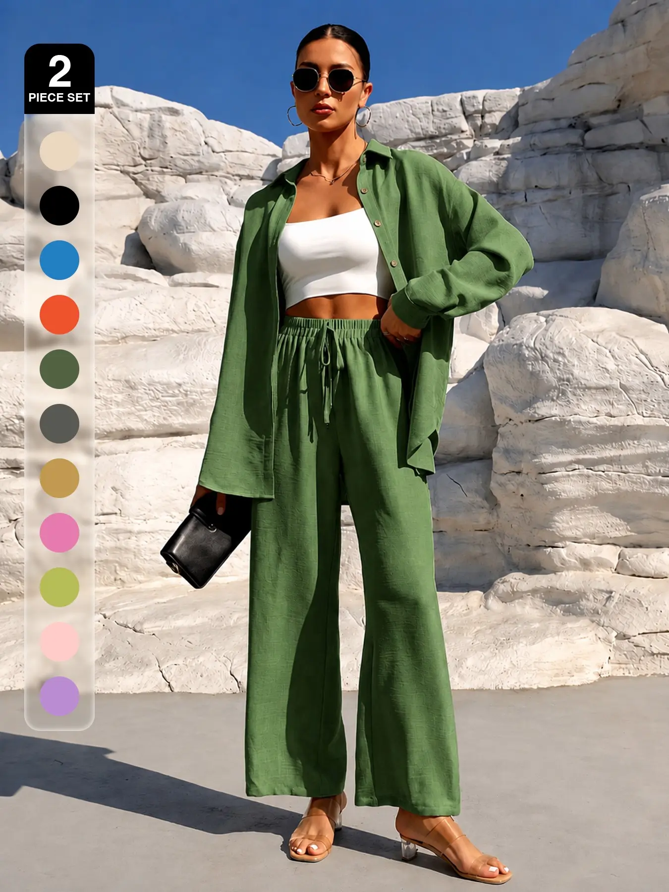Spring Summer Cotton Linen Shirt Set, Loose Fit Long Sleeve Blouse & High Waist Wide Leg Pants, Casual for Beach, Daily Wear, Street Style