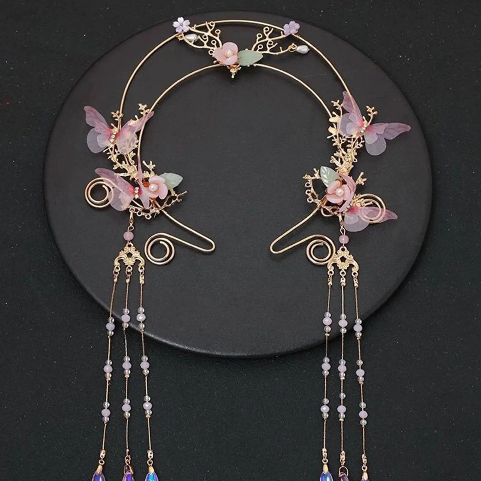 Floral Hairband Tiaras Chinese Hanfu Hair Accessories For Women Pink Flower Tassel Hair Hoop Fairy Headwear Bride Hair Jewelry