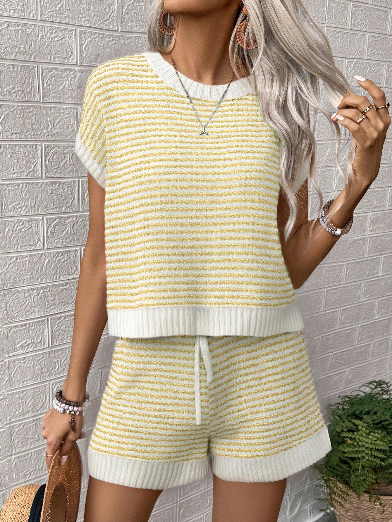 Elegant Women's Spring Summer Fashion Casual Home Leisure Weekend Holiday Travel Beach Vacation Solid Knit Striped Ribbed Hollow Round Neck Sleeveless Sweater Set
