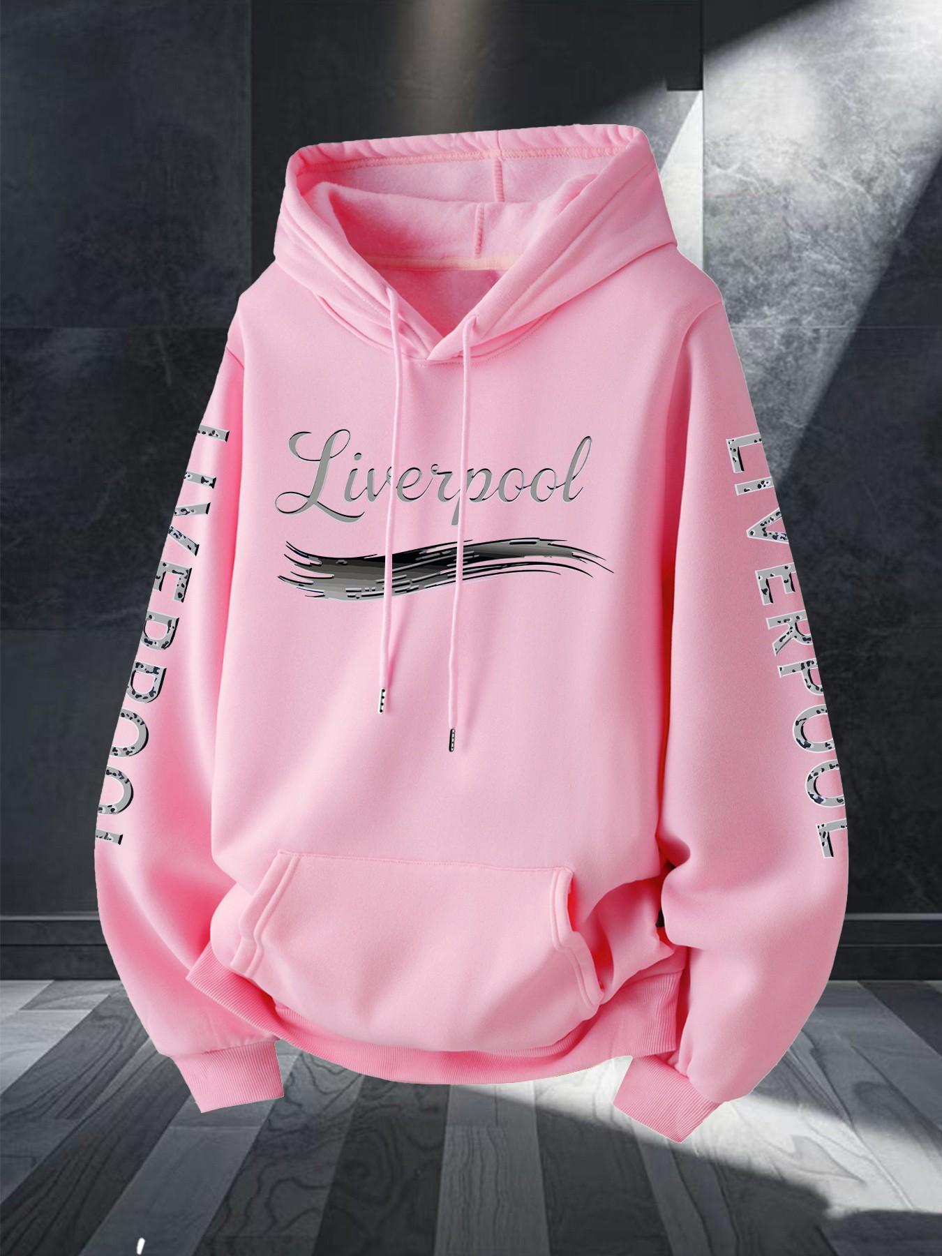 Liverpool Art Brush Print Hoodie, Unisex Long Sleeve Casual Sweatshirt, Geometric Pattern, Kangaroo Pocket, Fall & Winter Streetwear