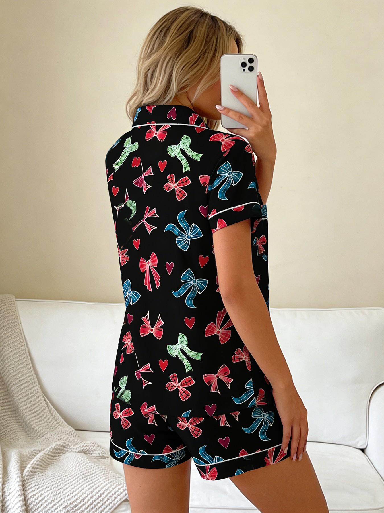 Women's Short Sleeve Button Down Top and Shorts Pajama Set, Spring Summer Wear, For American Retro Sweet Cool Girls, Black Base Vintage Bow Heart Print, Classic Lapel Collar, Loose Straight Fit, Comfortable For Home & Outings