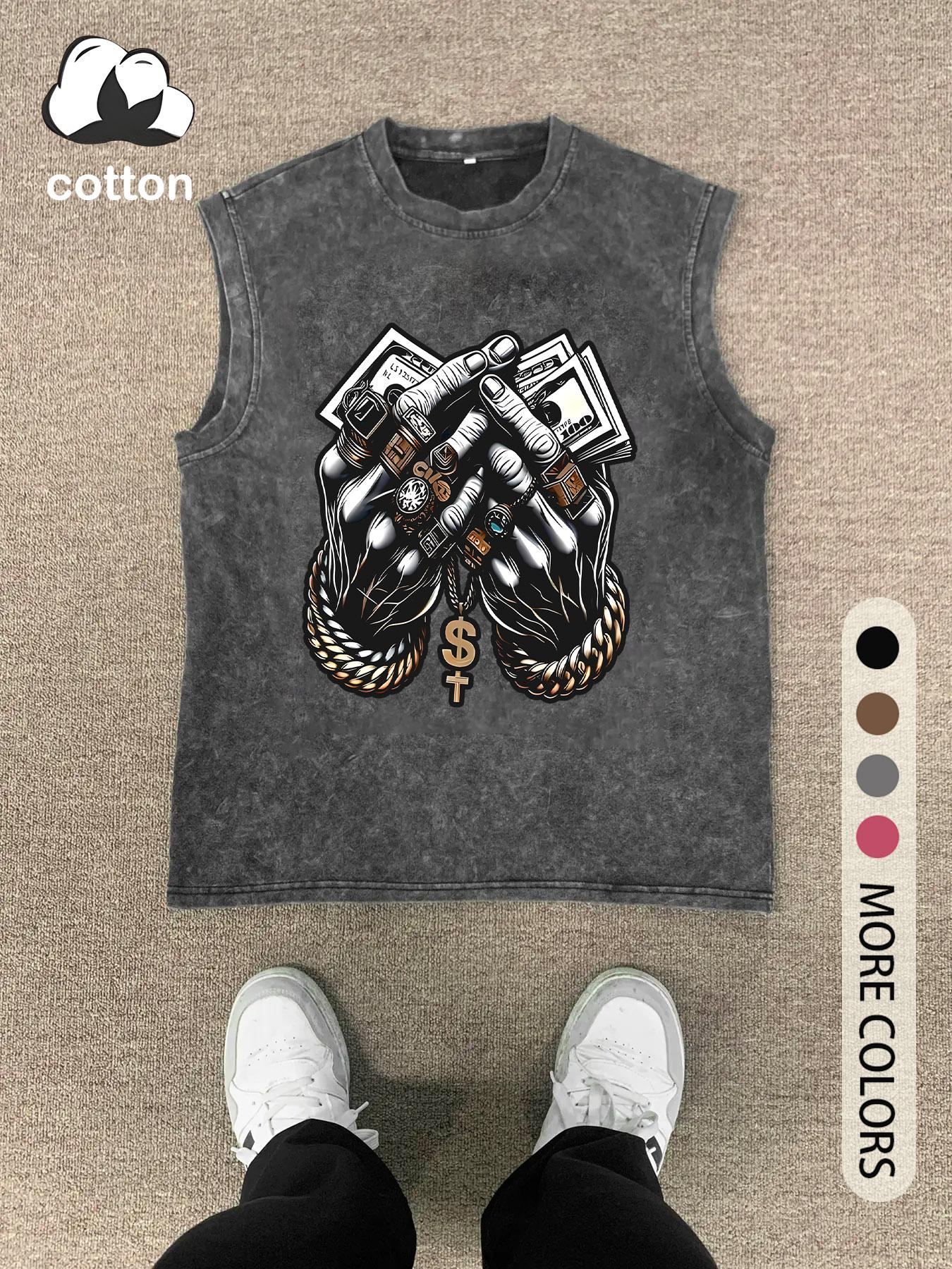 Men's Vintage Graphic Print Round Neck Tank Top, Soft Knit Regular Fit Casual Fashion Sleeveless Fitted Top for Summer, Men's Clothes for Daily Wear, Socks