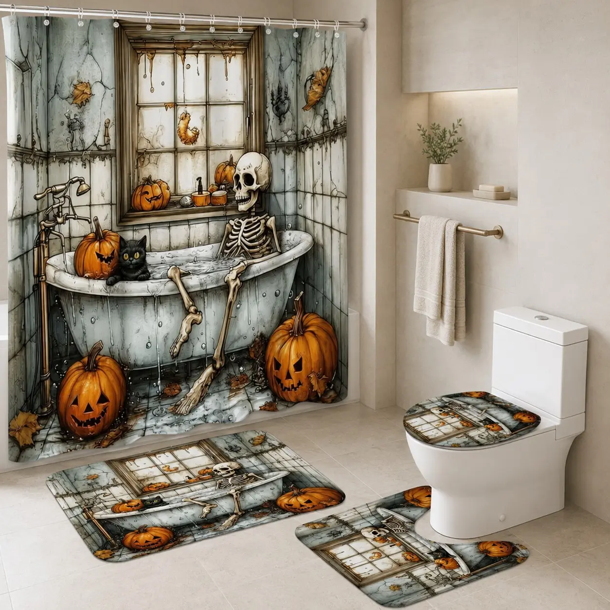 4pcs Halloween Bathroom Decor Set, Skeleton Hand Pumpkin Candle Wallpaper, Shower Curtain + Rug + Toilet Lid Cover, Spooky Theme, Tiktok Trend