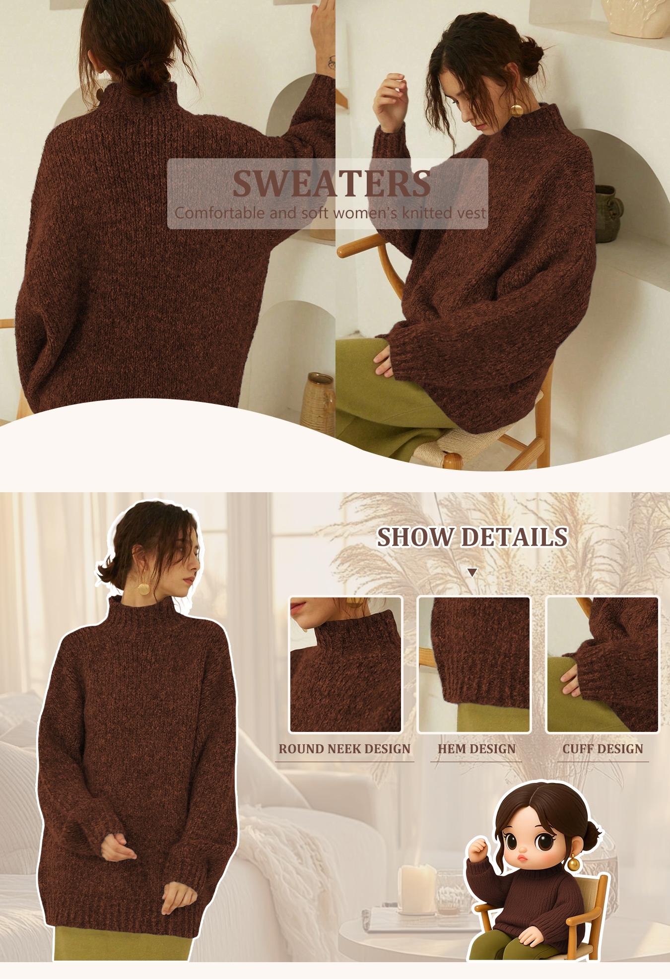 Autumn Winter Women's Sweater, Casual High Neck Knitwear, Simple Style Pullover, Long Sleeve Drop Shoulder Design, Cozy Fashionable