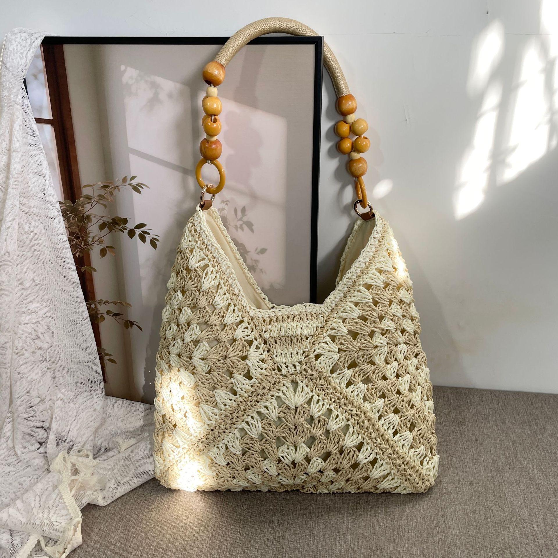 Women's Handmade Paper Rope Crochet Straw Shoulder Bag, PU Material With Adjustable Strap, Cold Wash Compatible Woven Handbag, Summer Accessory For Beach Vacation Casual Outfit Styling Use