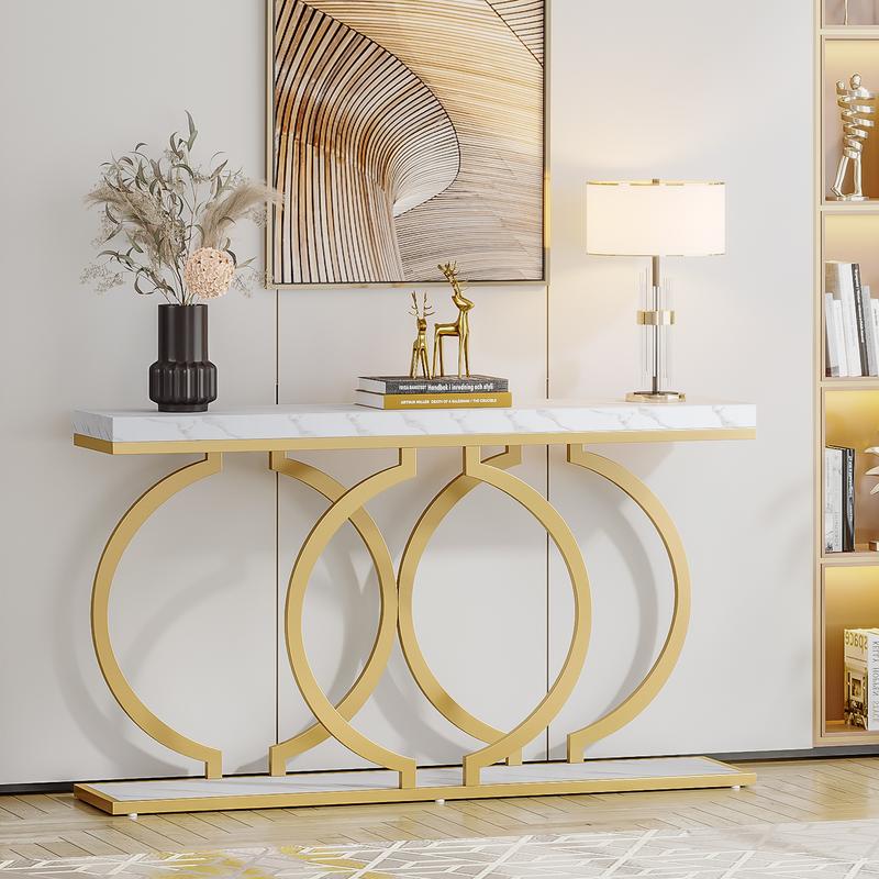 LITTLE TREE Gold Console Table, 55 inch Faux Marble Entryway Table Narrow Long Sofa Table, Modern Accent Table for Living Room, Entrance Table Geometric Metal Frame