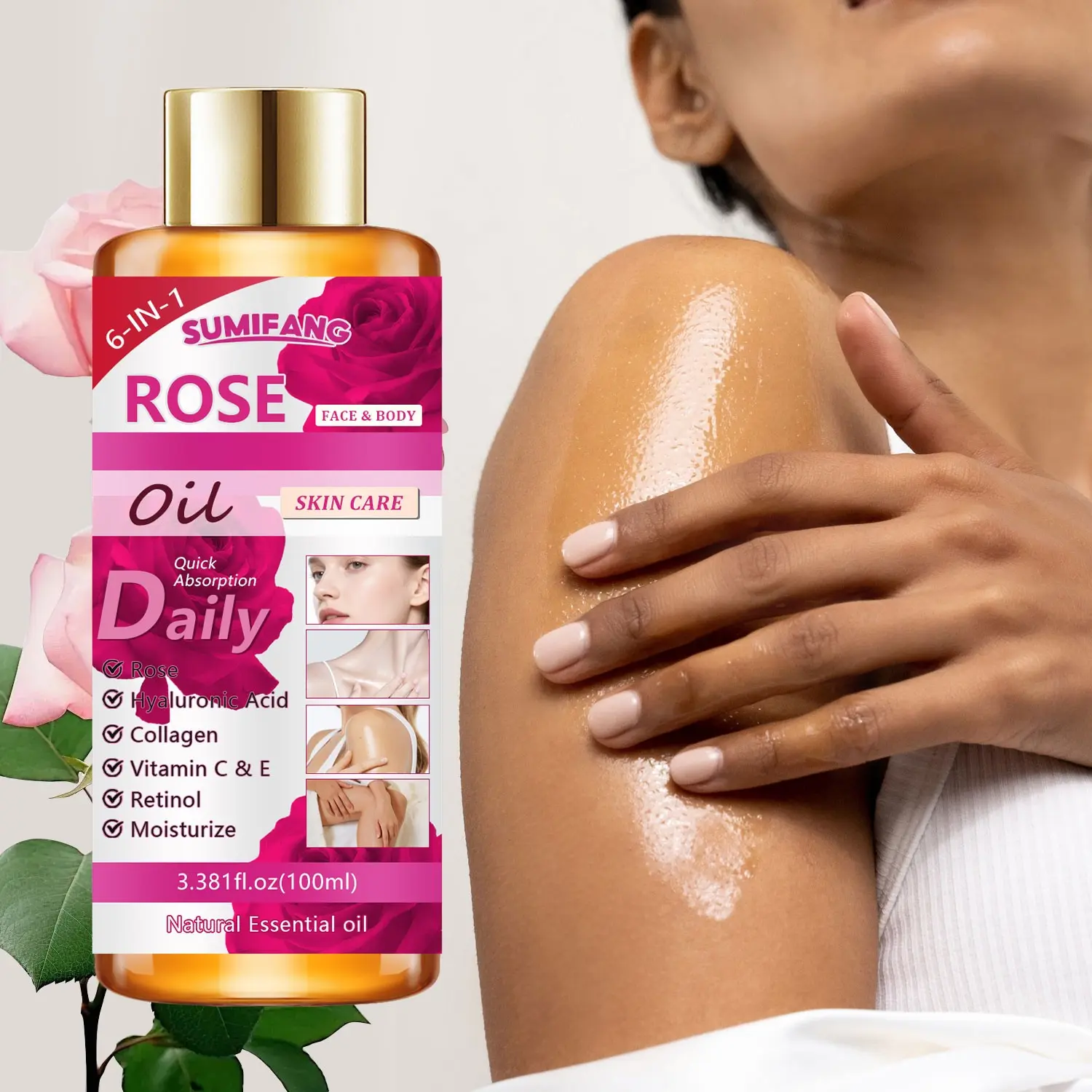 100ML Rose Body Massage Oil, Hyaluronic Acid, Collagen, Vitamin C E, Retinol, Deep Moisture, Brightening, Even Skin Tone, Post-Bath Use