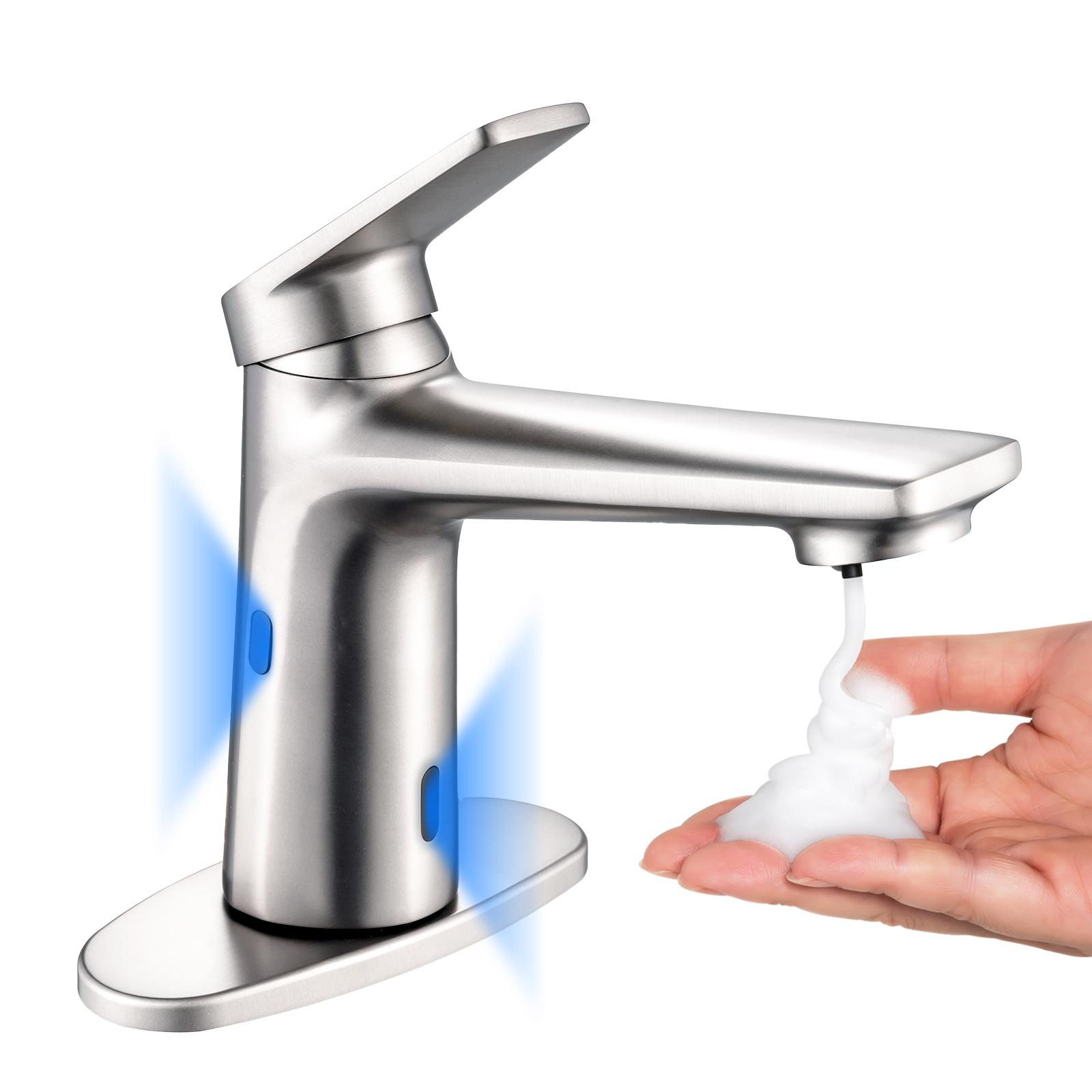 Bathroom Faucet with Soap Dispenser, Adjustable Hot & Cold Water Temperature, Short & Long Sensor Modes, Touchless Automatic Basin Sensor Faucet