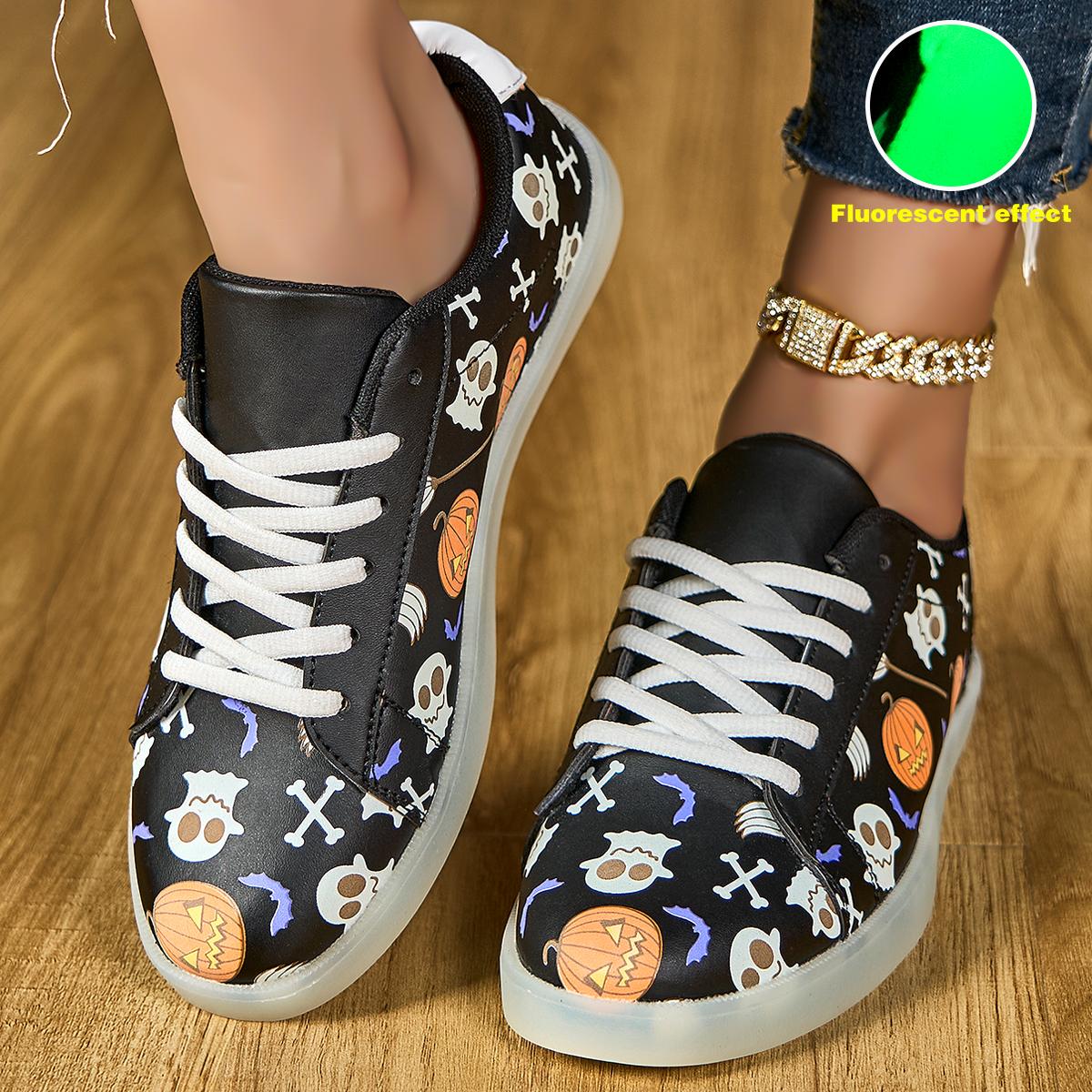 Unisex Casual Fashion Sneakers with Light Up Feature - Halloween Skull and Pumpkin Pattern, Non-Slip Rubber Sole, Low Top Lace-up with Round Toe - All-Season Fluorescent Board Shoes Closed Trainer Walking Shoes Sports Shoes Runner Boy