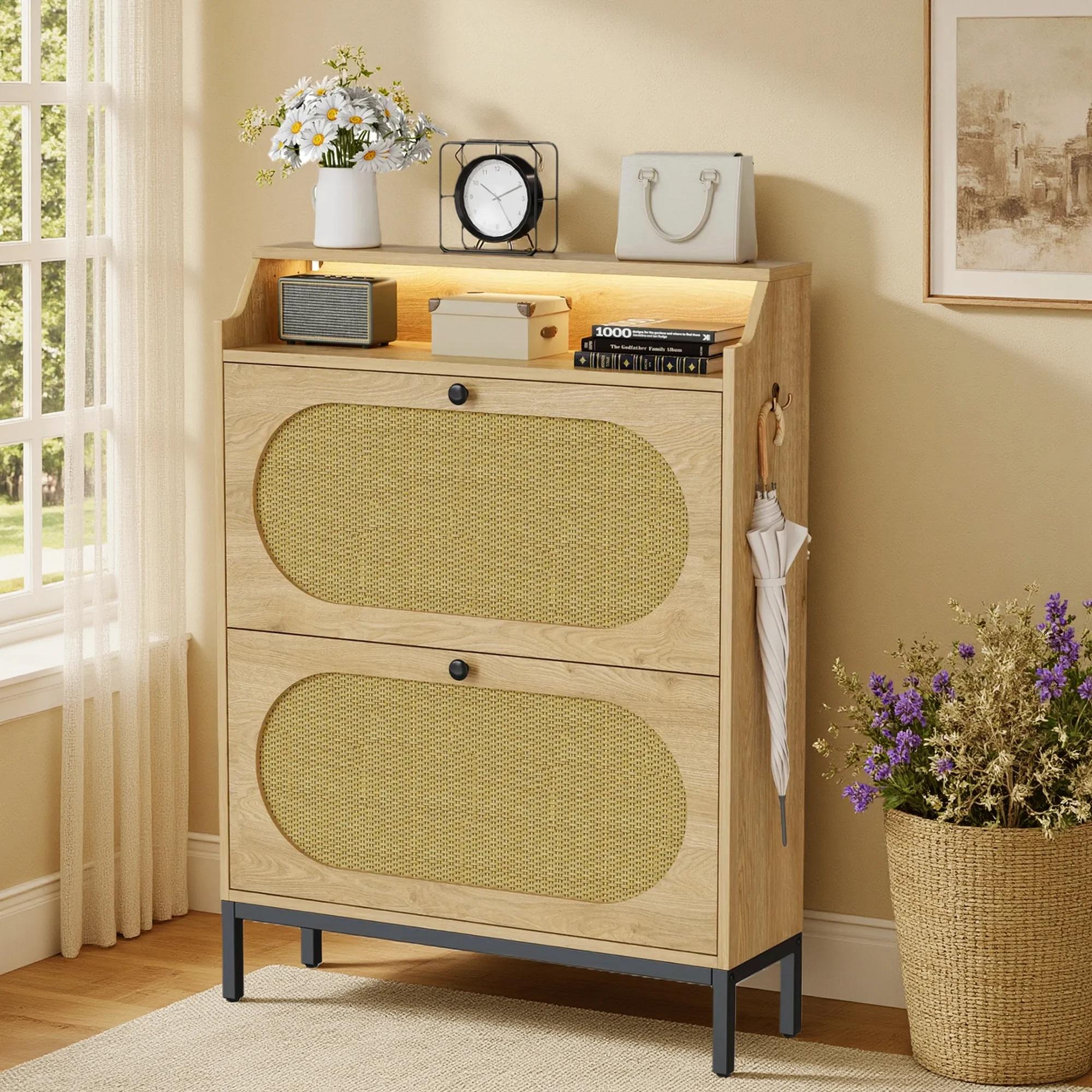 IRONCK Shoe Storage Cabinet with 3 Flip Drawers, Fluted Shoe Cabinet Storage for Entryway, Free Standing Wooden Shoe Organizer Cabinet for Hallway