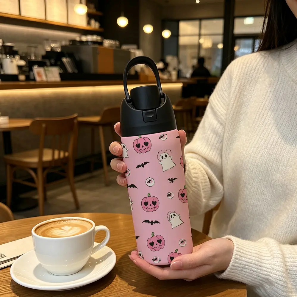 Cute Halloween Ghost Pumpkin 32oz Insulated Cup, 304 Stainless Steel Portable Strawless Cup, Girl Style Festival Car Travel Water Bottle