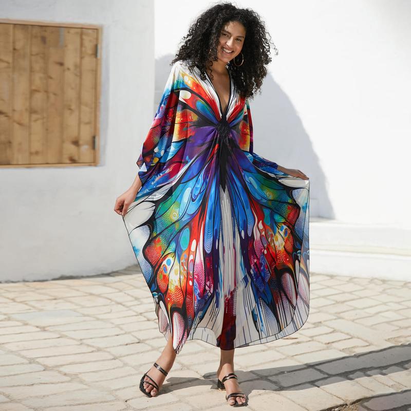 Bsubseach Women Ethnic Print Kaftan Beach Dress Plus Size Swimsuit Cover Up