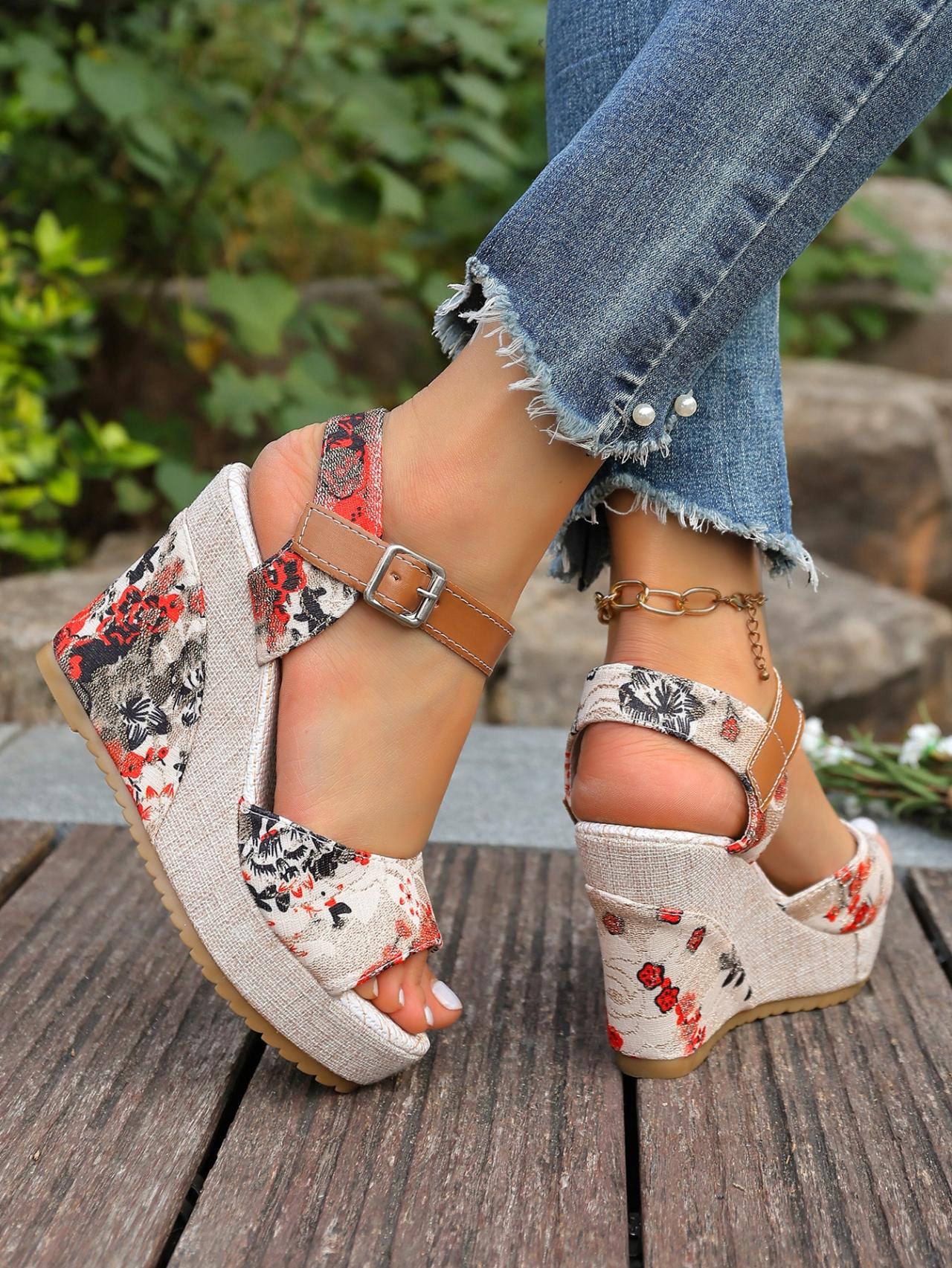 Women's Retro Floral Buckle Wedge Sandals, Summer Platform Chunky Heel Shoes, Ethnic Style Beach Elevated Sandals