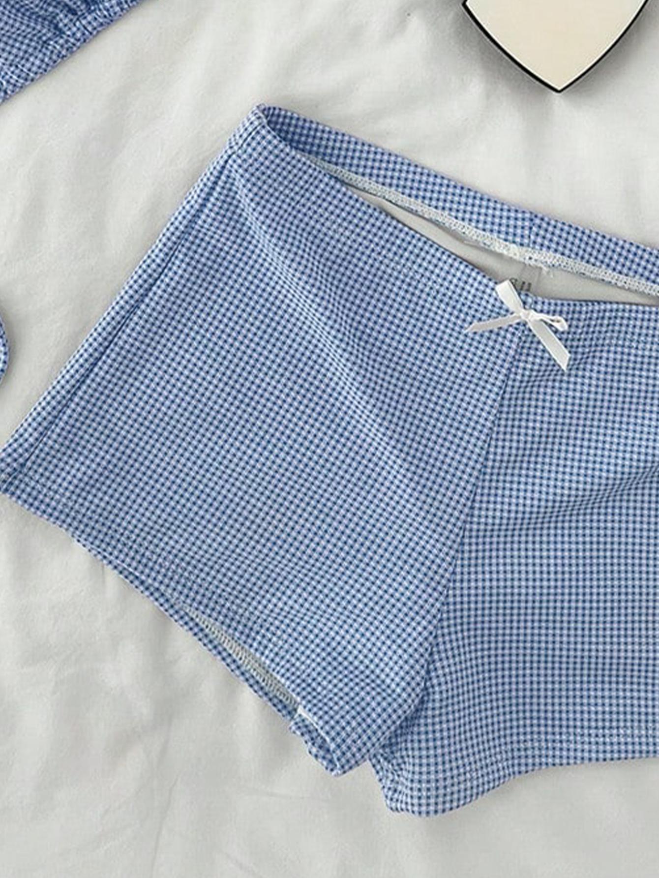 Sweet Girl Blue Plaid Halter Triangle Bikini Set, Fitted Two-Piece Swimsuit for Vacation Sunbathing, Cute Style All Seasons, Swimwear Set, Swimsuit Sets