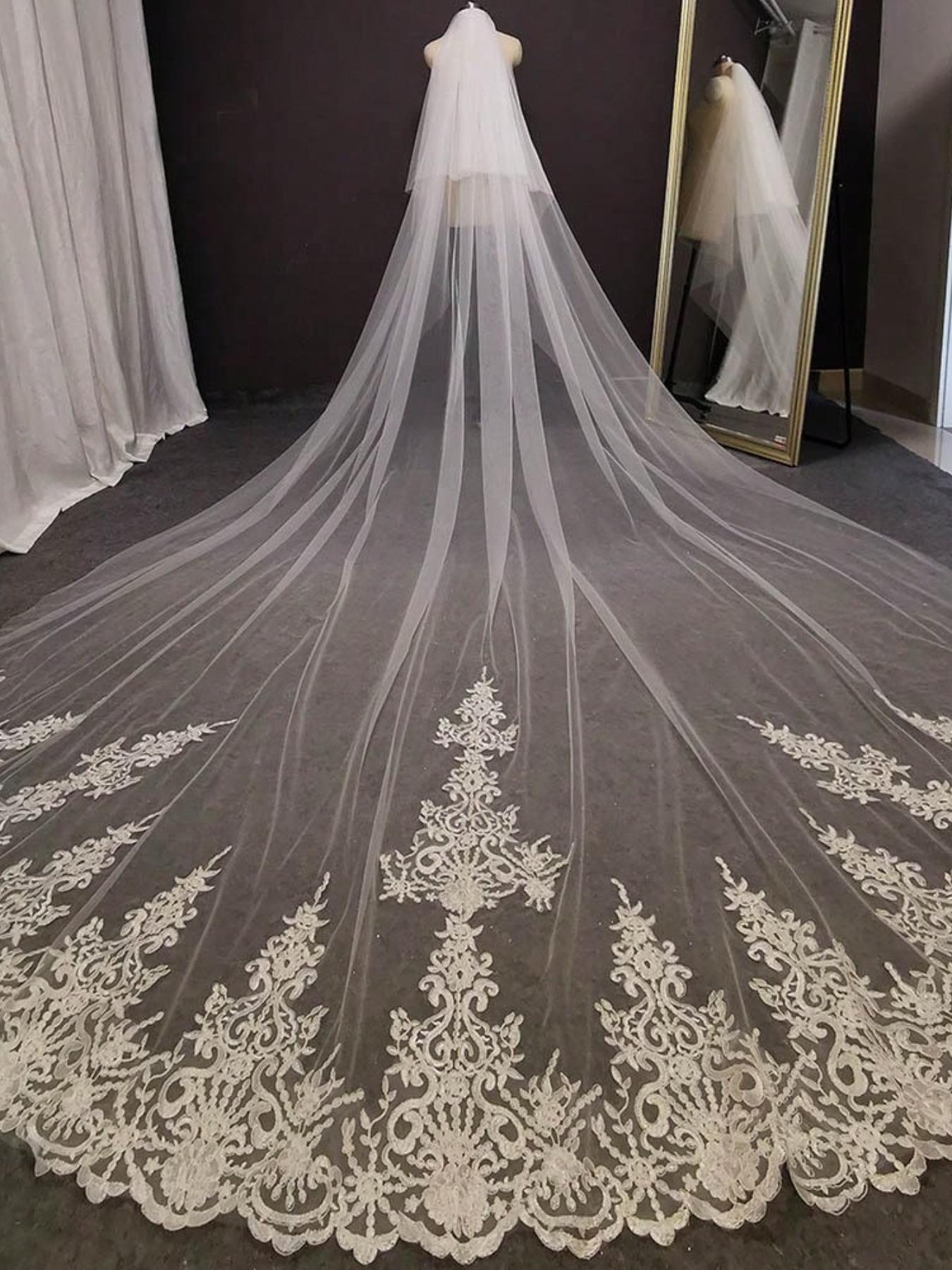 1pcs Cathedral Length Lace Edge Wedding Veil 3M Long Soft Tulle Bridal Veil with Elegant Embroidery Appliqué, Classic Ivory Bride Veil for Ceremony & Photoshoot