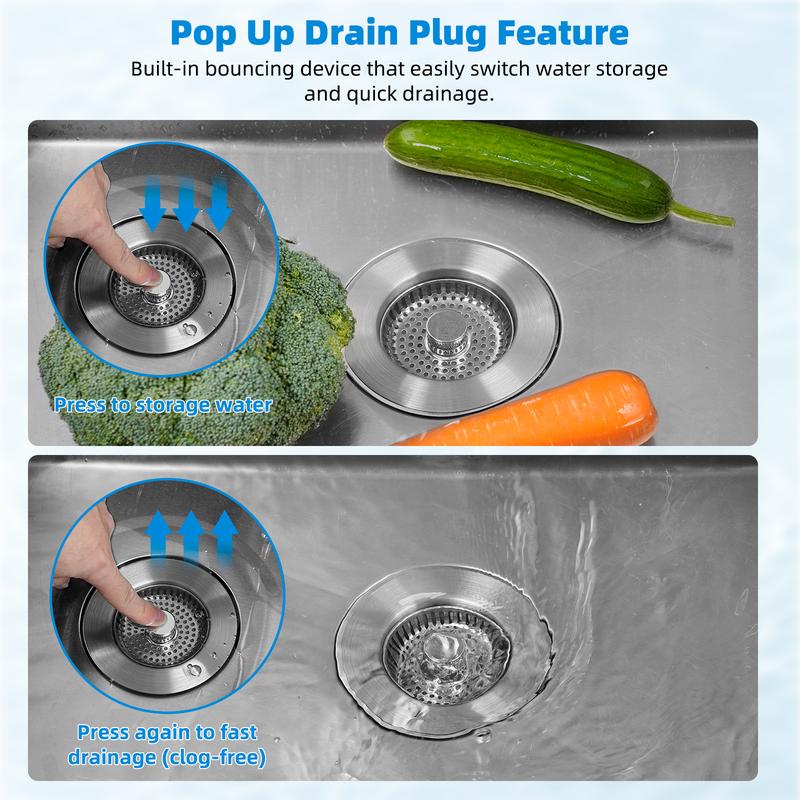 3-in-1 Kitchen Sink Drain Strainer, Stainless Steel Sink Plug, Deodorizing Anti-Clog Basket Strainer for US Standard 3-1/2 Inch Drains