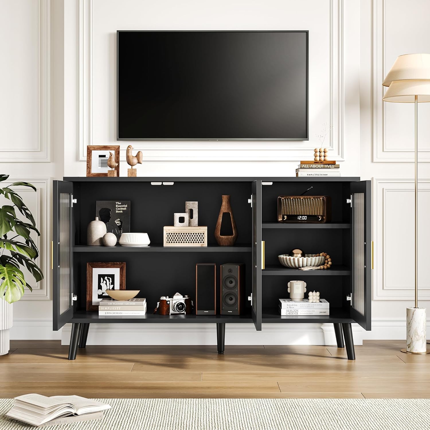 48" Buffet Cabinet with Storage, Large Sideboard Cabinet with 3 Fluted Glass Doors, Modern TV Consoles Stand Cabinet for Kitchen, Dinning Room, Hallway, Living Room