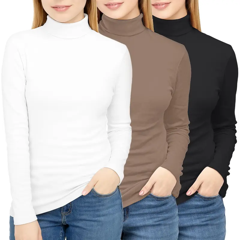 MALL LADY Women's 3-Pack High Neck Long Sleeve Blouses - Slim Fit, Warm Thermal, Quick Dry, Breathable, Expandable, Chic Preppy Korean Turtleneck Tops for Autumn Winter Party, New Year (2026)