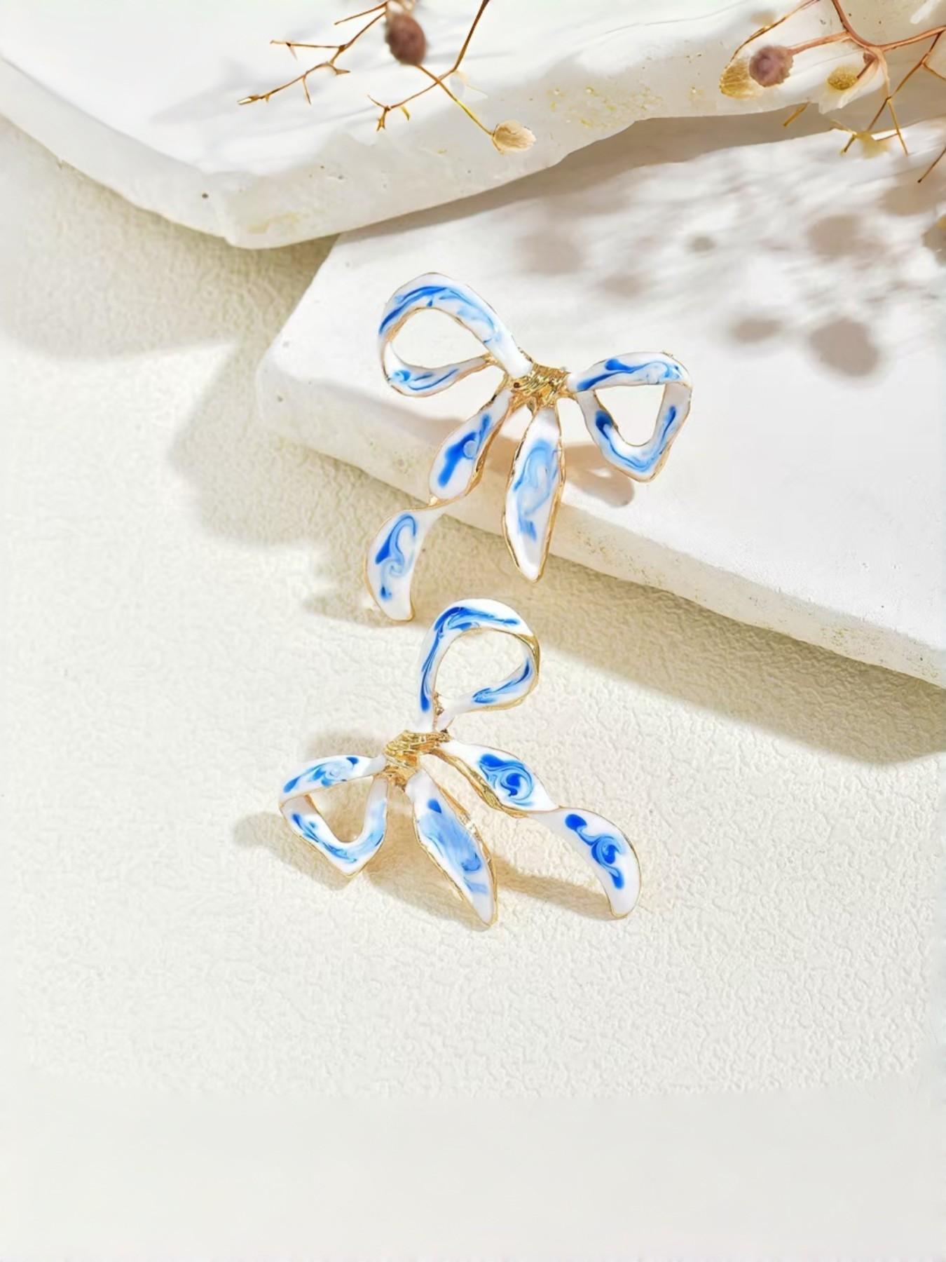 Vintage Oil Painting Drip Blue & Porcelain Bow Earrings, Fashionable Enamel Ribbon Earrings for Women, 1 Pair/set