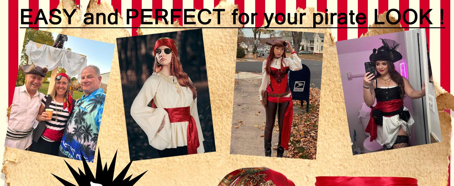 Adult Pirate Theme Plastic Costume Accessory Set - Hat, Head Scarf, Sash, Belt, Gold Dress Add-ons for Special Events