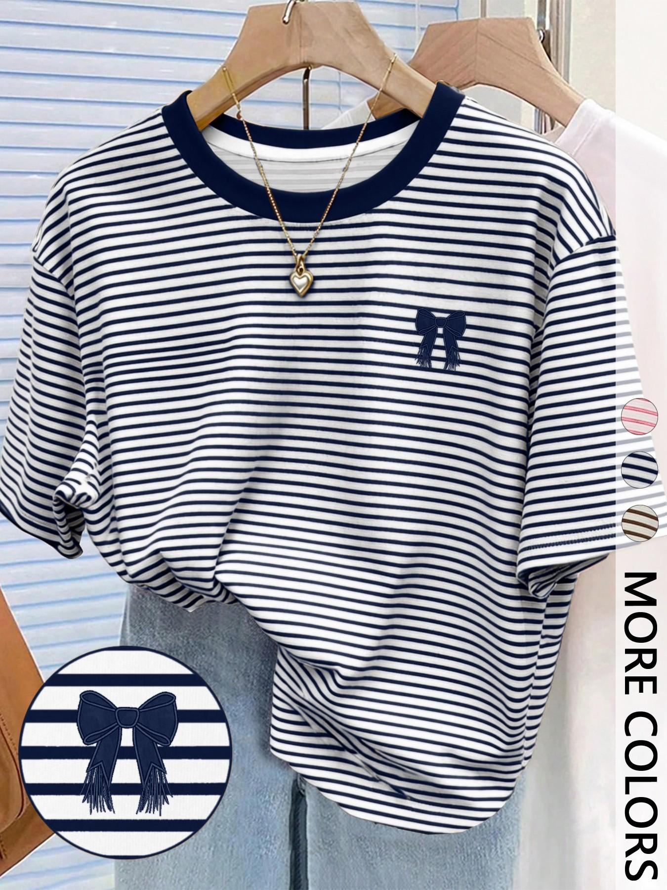 Women's Striped Digital Print T-Shirt, Butterfly Knot Round Neck, Casual Loose-Fitting Top, Daily Wear, Summer, Plain Surface, Unlined, Everyday
