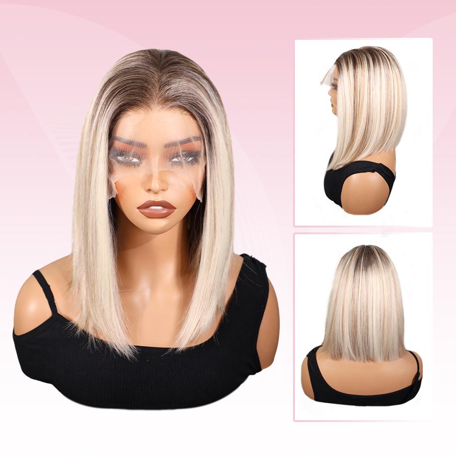 VSGIN 13*6 Blonde Highlight Synthetic Lace Wig Ombre Honey Brown and Blonde Color Synthetic Heat Resistant Fiber Realistic Appearance Bob Style and Long Wave Style