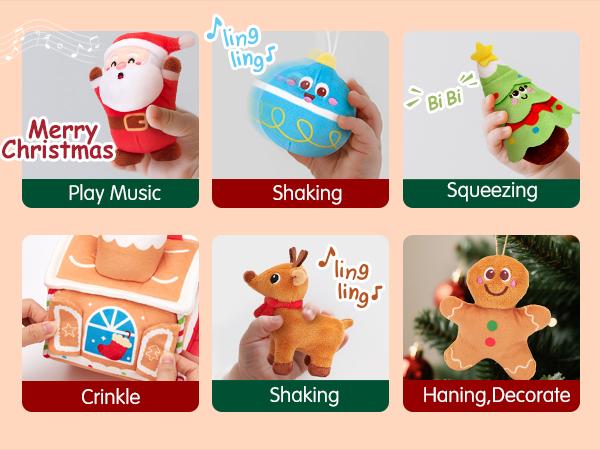 hahaland My First Christmas Gingerbread House Cottage Toy Set for Baby 6-18 Months Musical & Sensory Plush Toys with Santa Reindeer Rattles Early Learning Development 7-Piece Holiday Gift