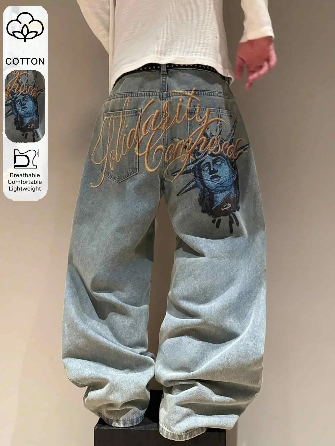 Men's Light Wash Statue of Liberty Letter Full Back Embroidery Loose Wide Leg Denim Jeans, American 90s Retro Hip Hop Y2K High Street Casual Long Pants