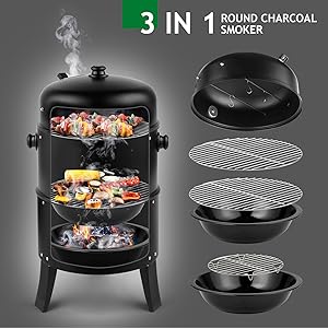 Ubesgoo Vertical 17 Inch Charcoal BBQ Smoker, 3-in-1 Portable Outdoor Grill Cooker With Built-in Thermometer For Outdoor Backyard Cooking Grilling Camping