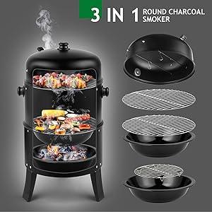 Ubesgoo Vertical 17 Inch Charcoal BBQ Smoker, 3-in-1 Portable Outdoor Grill Cooker With Built-in Thermometer For Outdoor Backyard Cooking Grilling Camping