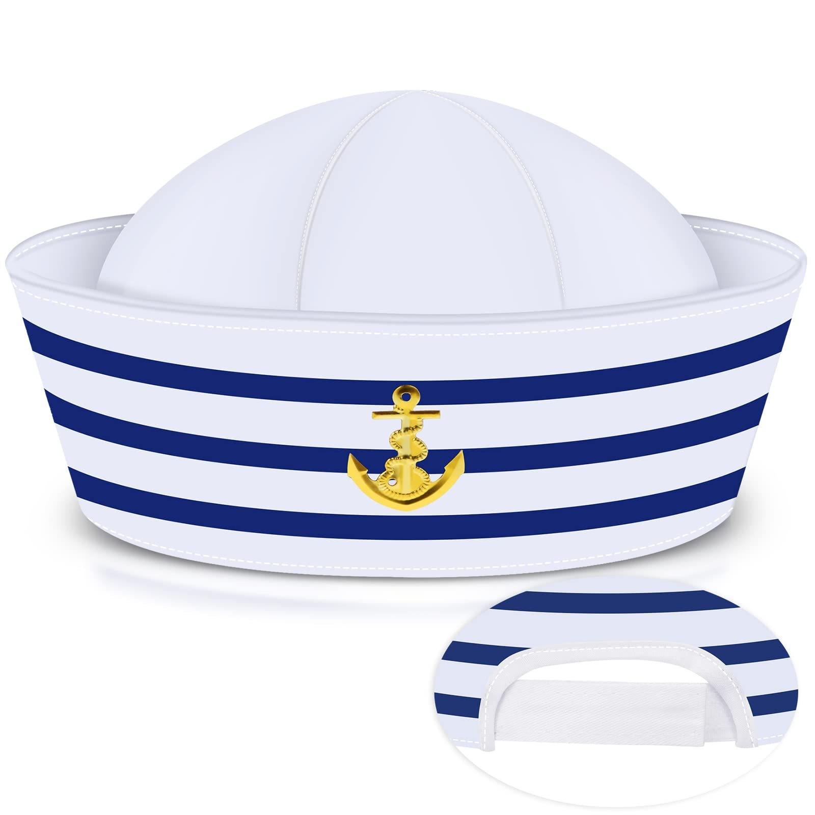 Blue Striped Sailor Hat with Gold Anchor, Nautical Theme Headwear, Adjustable Ocean Hat for Parties and Role Play, Classic Navy Style