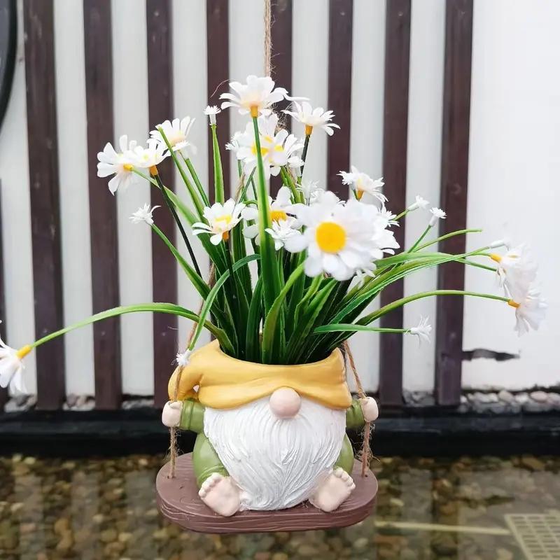 Cute Gnome Dwarf Swing Hanging Planter, Resin Craft Outdoor Garden Patio Decor, Weather-Resistant & Durable, New Christmas Plant Pot
