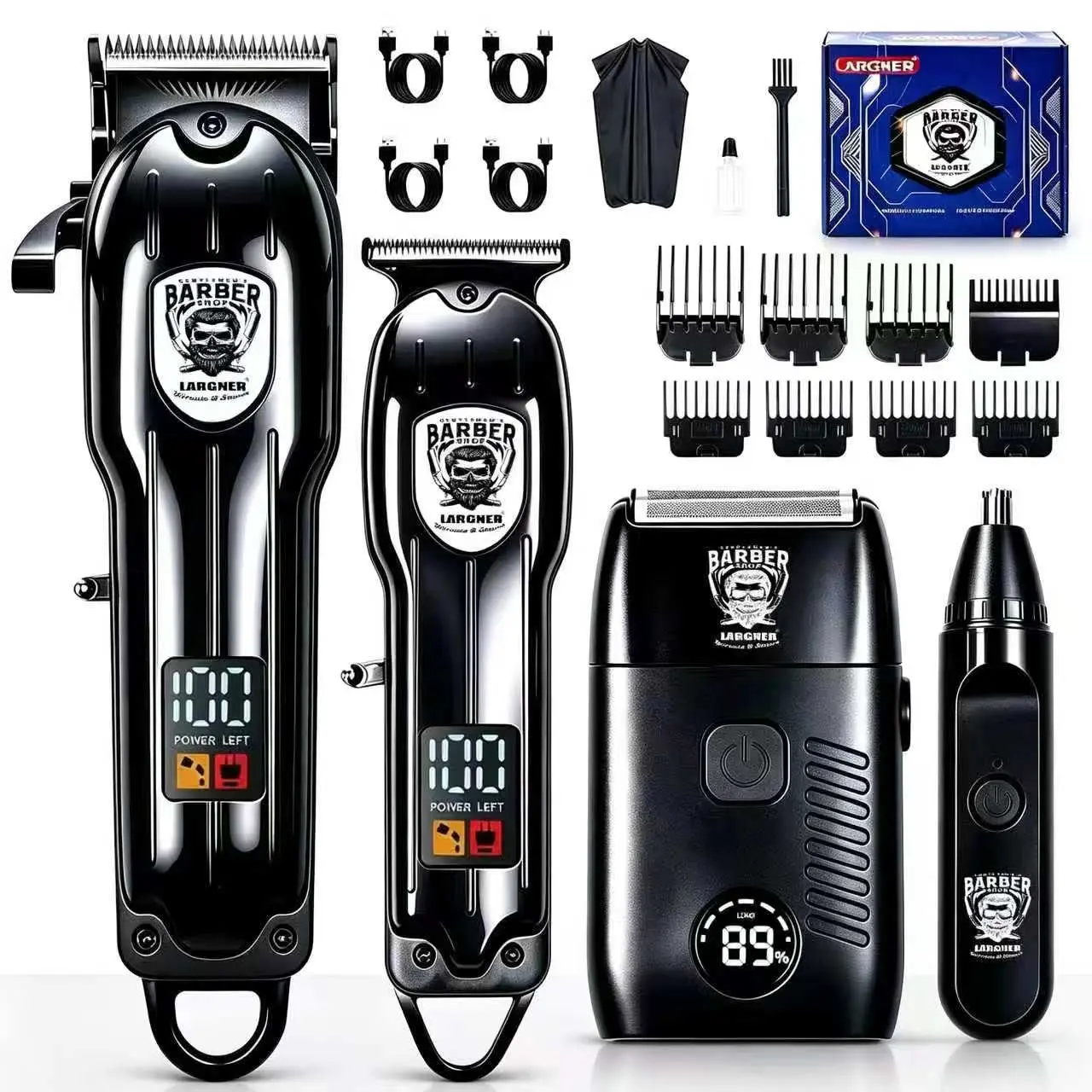 Largner Professional Barber Kit, Digital Electric Trimmer, Carving Razor, Reciprocating Shaver, Nose Hair Trimmer, Home Salon Tool Set