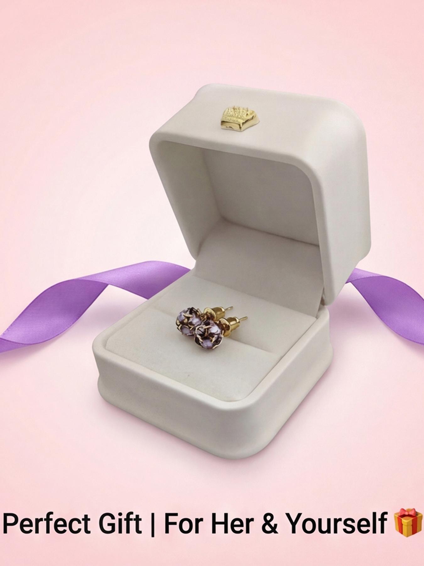 Women's Hypoallergenic Sparkly Purple Crystal Stud Earrings, Lightweight Titanium Steel Gold Tone Fashion Jewellery for Everyday Wear Gift