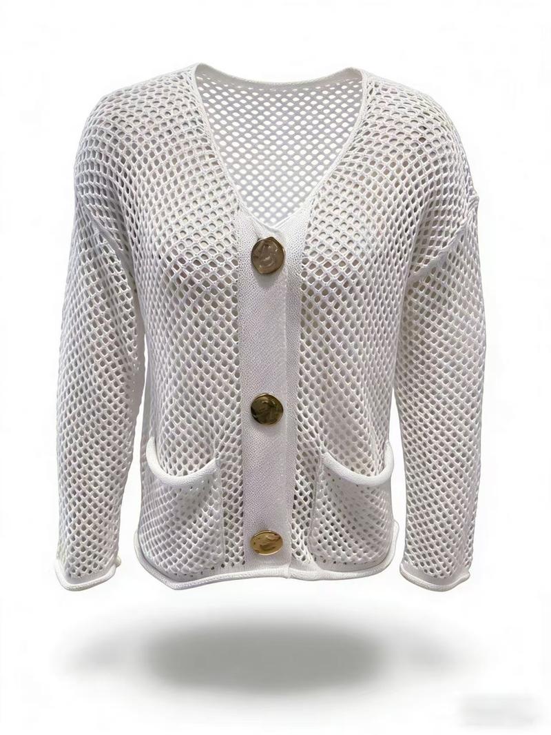 Women's Solid Color V-Neck Long Sleeve Hollow Out Button Knit Cardigan Sweater, Casual Fashion Pullover for Spring & Fall