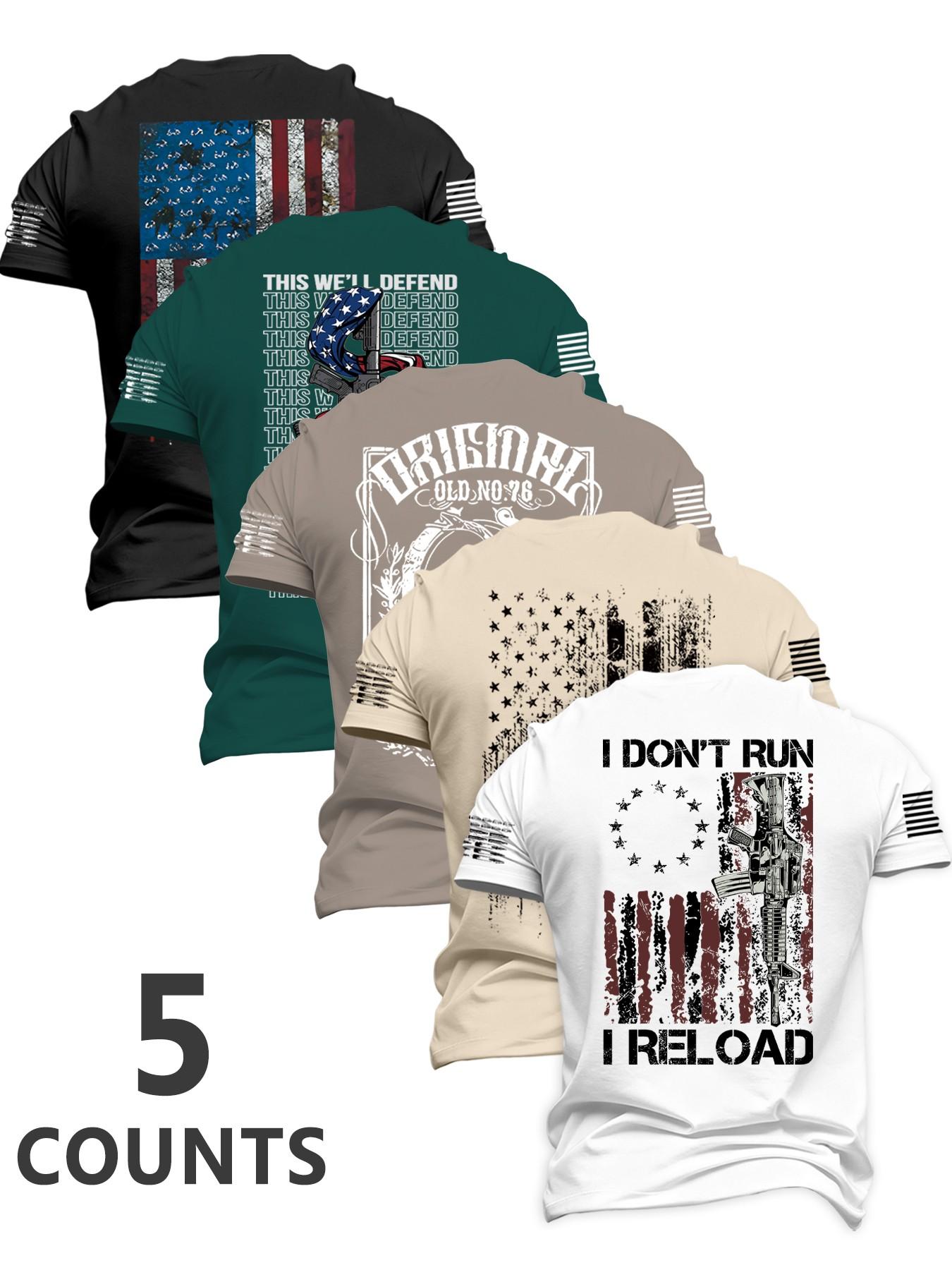 Men's Fashion Stylish Classic Round Neck Casual Short Sleeve T-Shirt, Summer Comfortable Flag Print Outdoor Tee, 5 Pack Set, Perfect for Boyfriend Daily Wear, Menswear