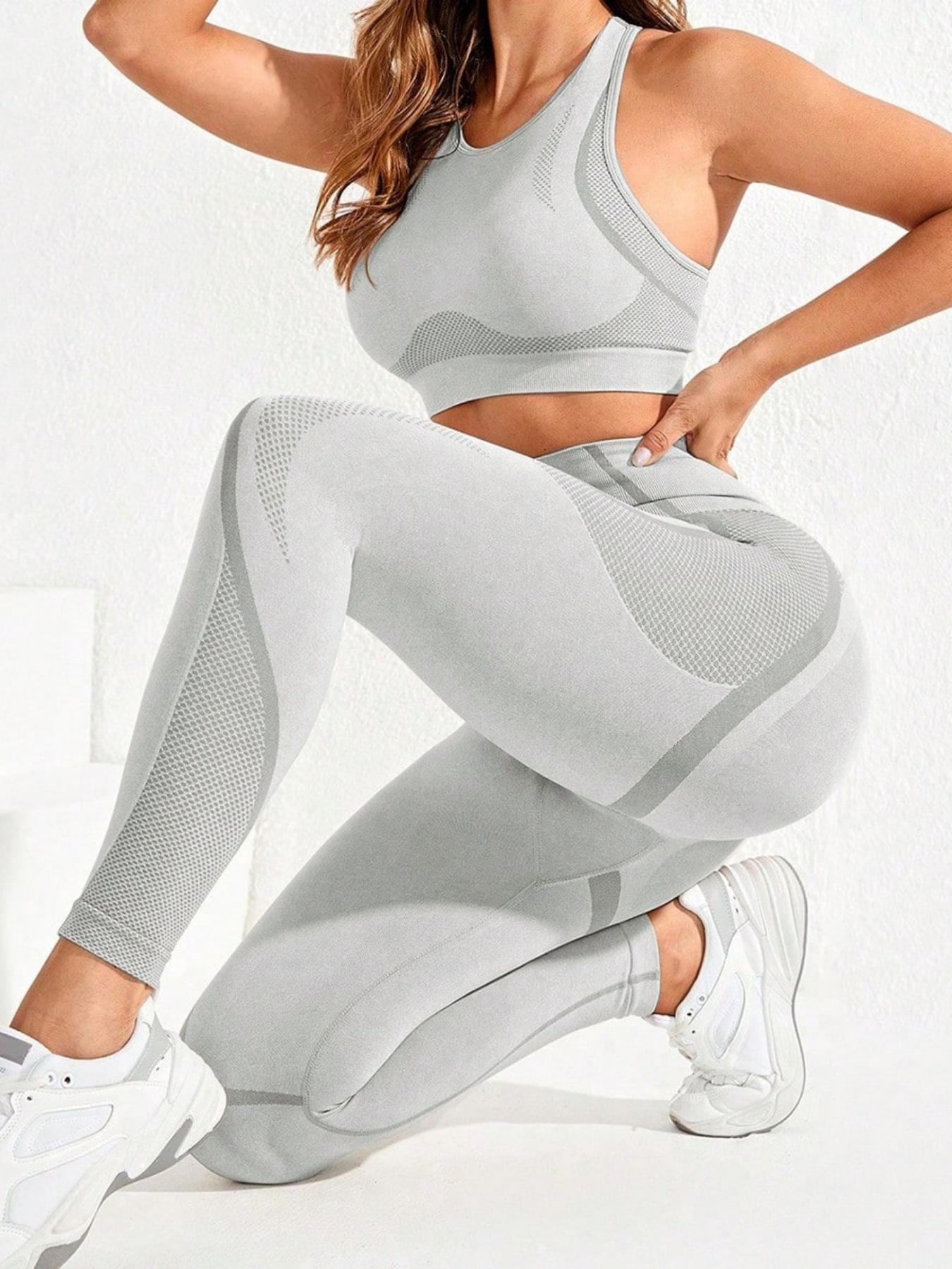 Women's Round Neck Crop Tank Top & High Waist Leggings Tracksuit Set, Sporty Breathable Comfortable Outfits for Yoga Gym Workout Running, Ladies Sportswear for All Seasons, Fitness Clothes, Activewear Clothing