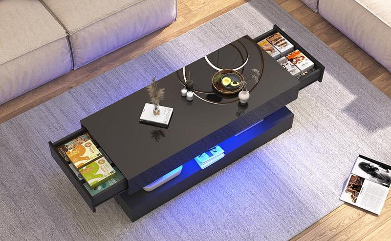 High Glossy LED Coffee Table,Modern Coffee Table for Living Room,Living Room Tables,Large Living Room Furniture,APP LED Lights,Black/White Coffee Table for Living Room (Black)