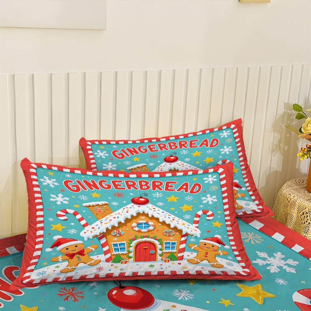 Fitted Sheet 3-Piece Set 2D Flat Gingerbread Man Pattern Mattress Cover (1 fitted sheet + 2 pillowcases, no insert), stylish, soft, and comfortable sheets, skin-friendly and breathable bedding, suitable for family bedrooms and guest rooms, all year round.