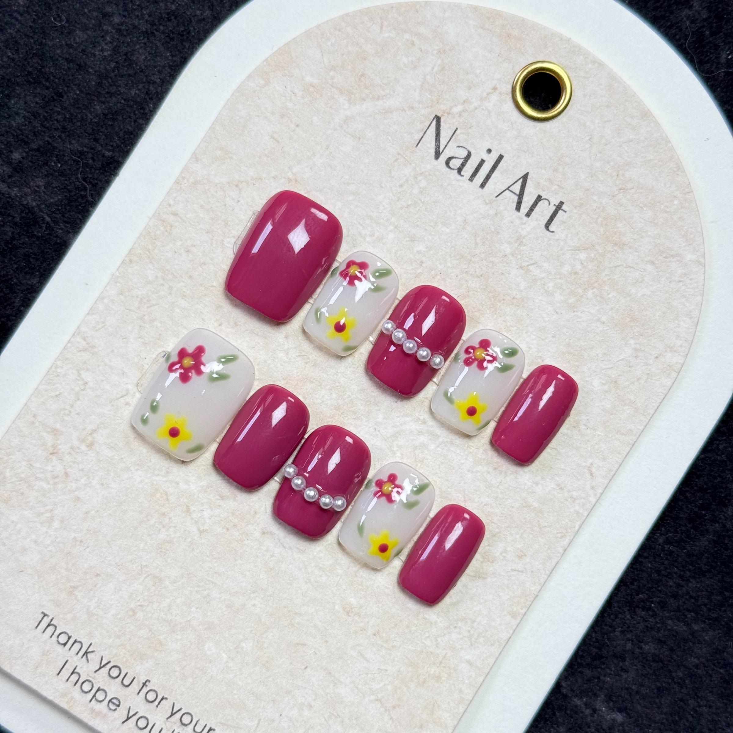 Luxury Nail Freedom! Raspberry Red Exquisite Hand-Painted Flower Press On Fake Nails, Reusable, Get Gentle Fairy Nails In 5 Mins, No Salon Needed