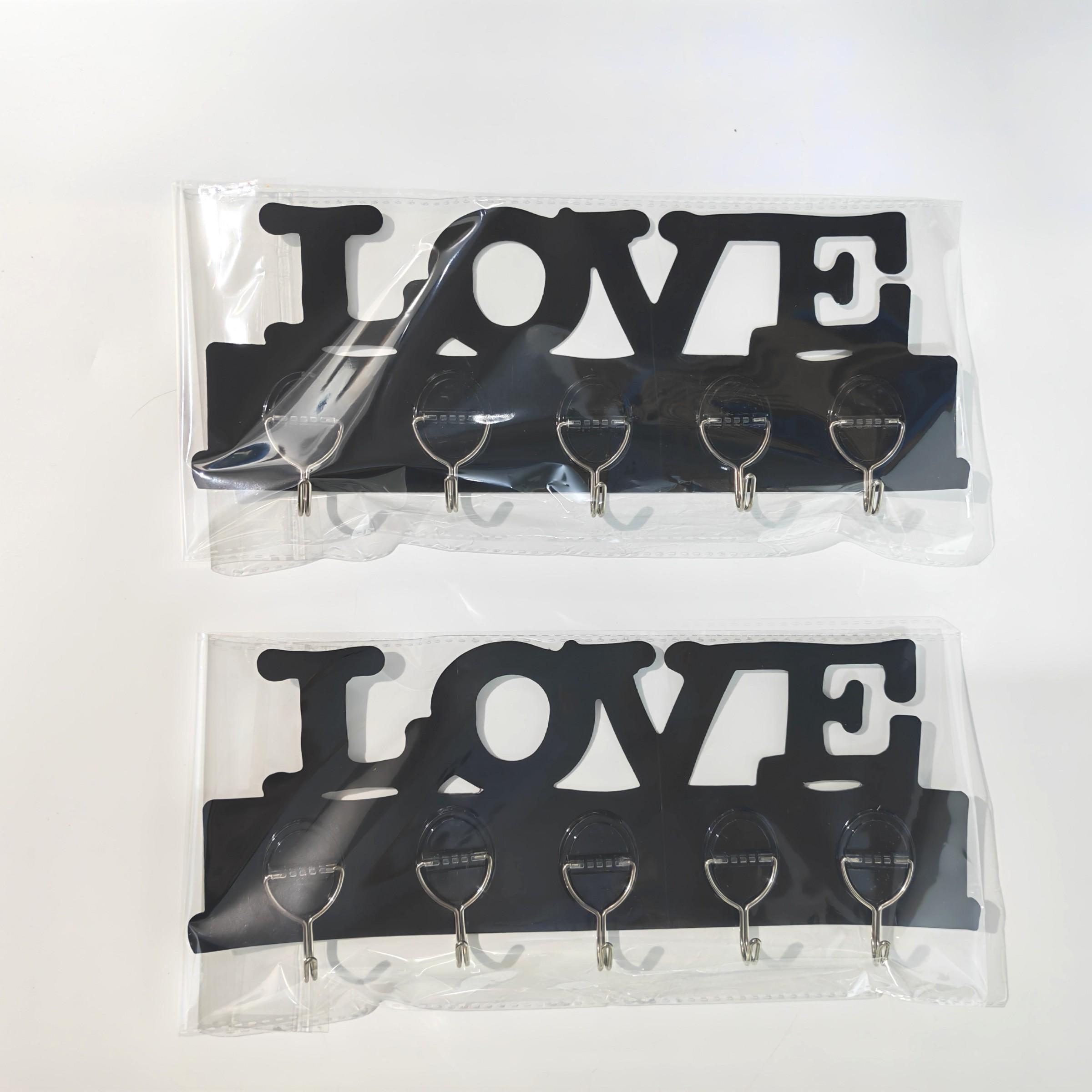 2-Pack Love Graphic Plastic Hook Rack, Wall-Mounted Key Hooks, 5 Strong Hooks, Easy Install with Adhesive Backing, Ideal for Entryway Organization