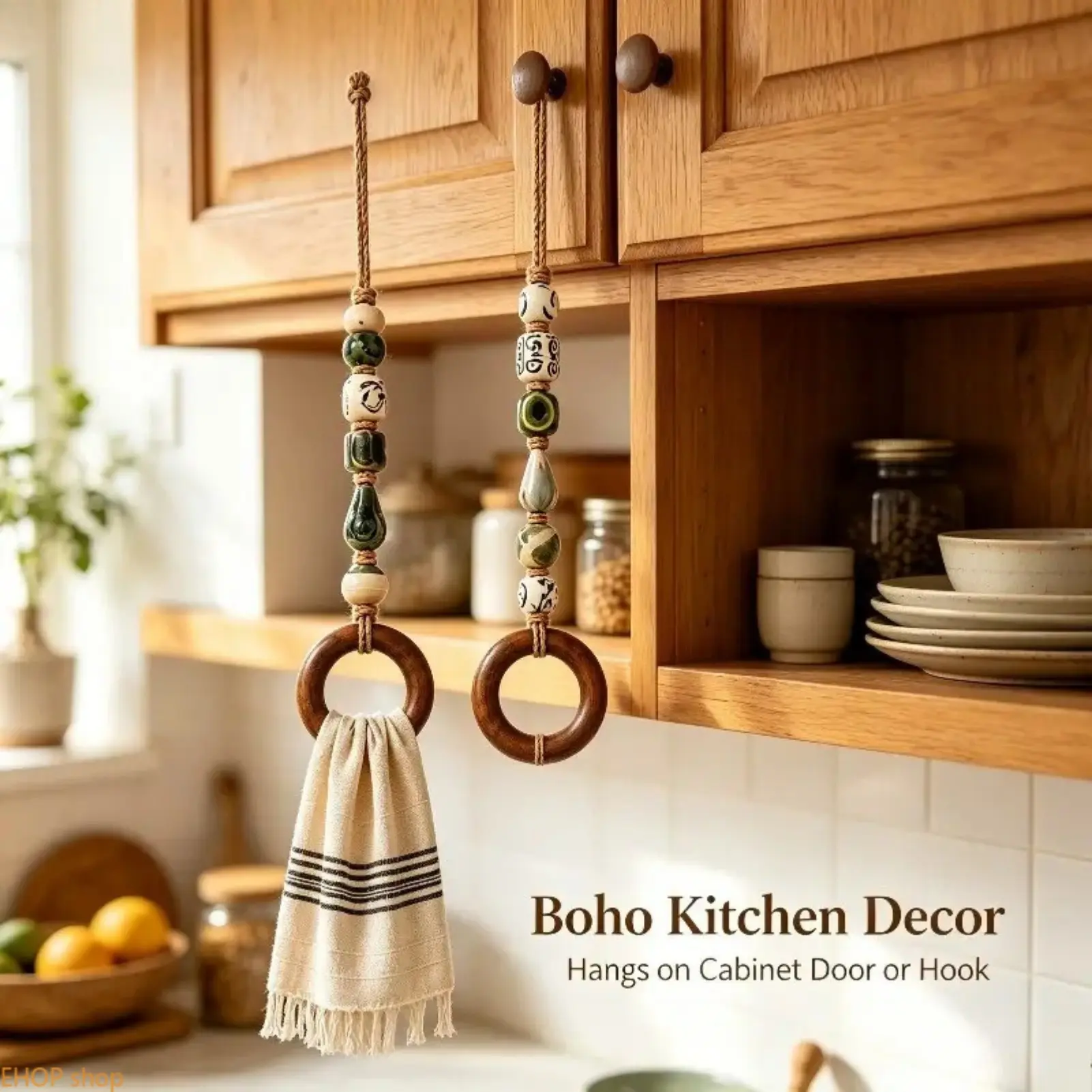 Boho Beaded Kitchen Towel Holder, Bohemian Wooden-Ring Hanging Towel Loop, Rustic Farmhouse Home Decor Accessory for Cabinet Doors, Apartment Kitchens and Rustic Interior Styling twist round hoop earring selection jewelry dainty punk style key occasion
