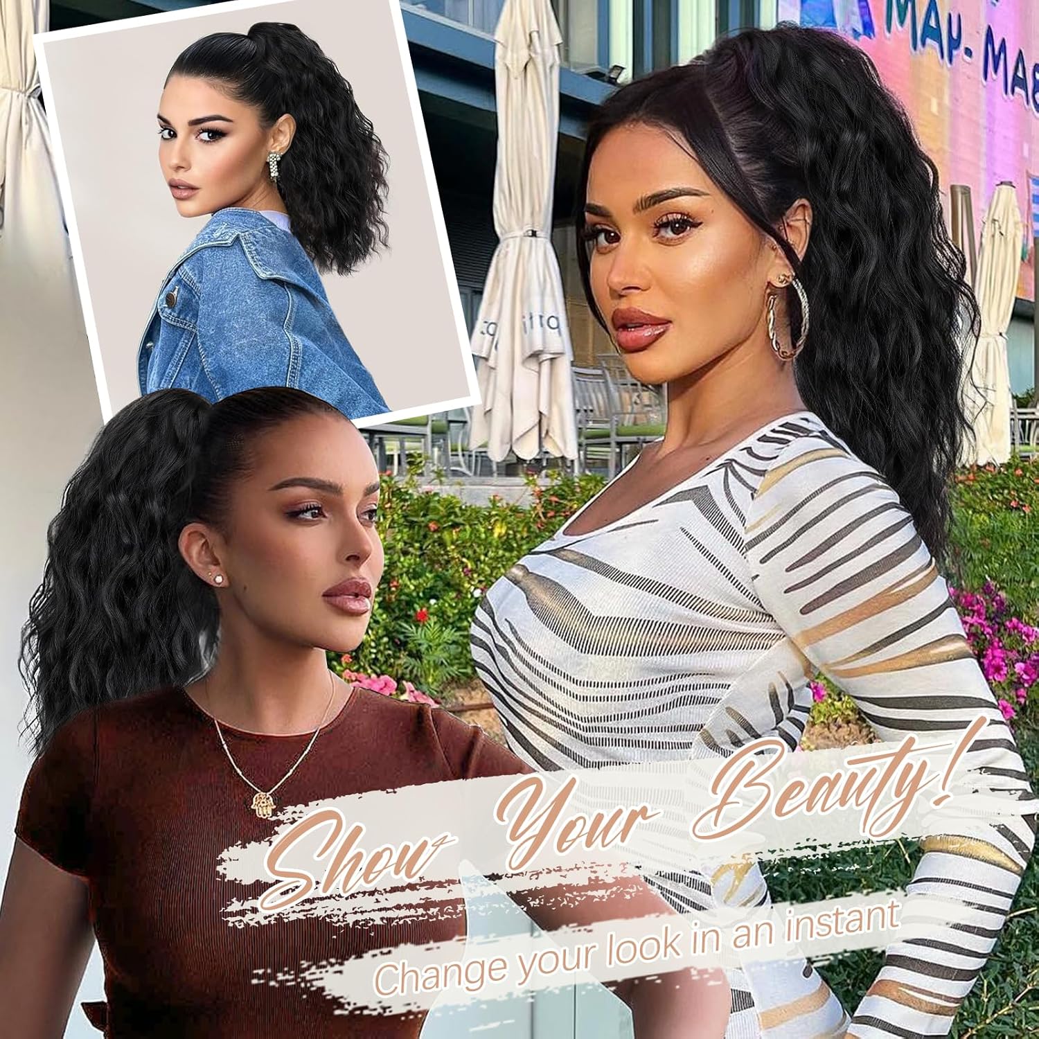 [KooKaStyle]  Black Brown Ponytail Extension 18" Curly Pony Tail Clip in Claw Ponytail Fluffy Natural Looking Synthetic Hairpiece for Women