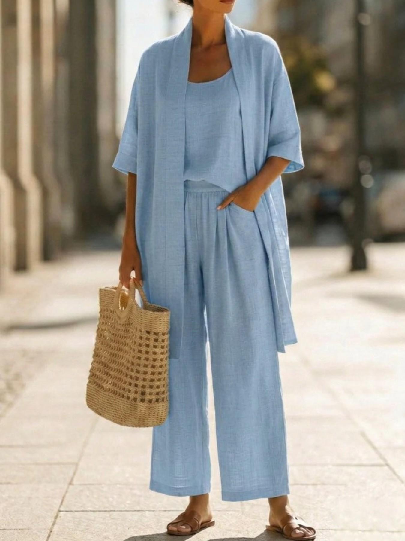 Minimalist Linen-Cotton Three-Piece Set, Comfortable Everyday Wear, Ideal for Casual, Soft and Breathable Fabric