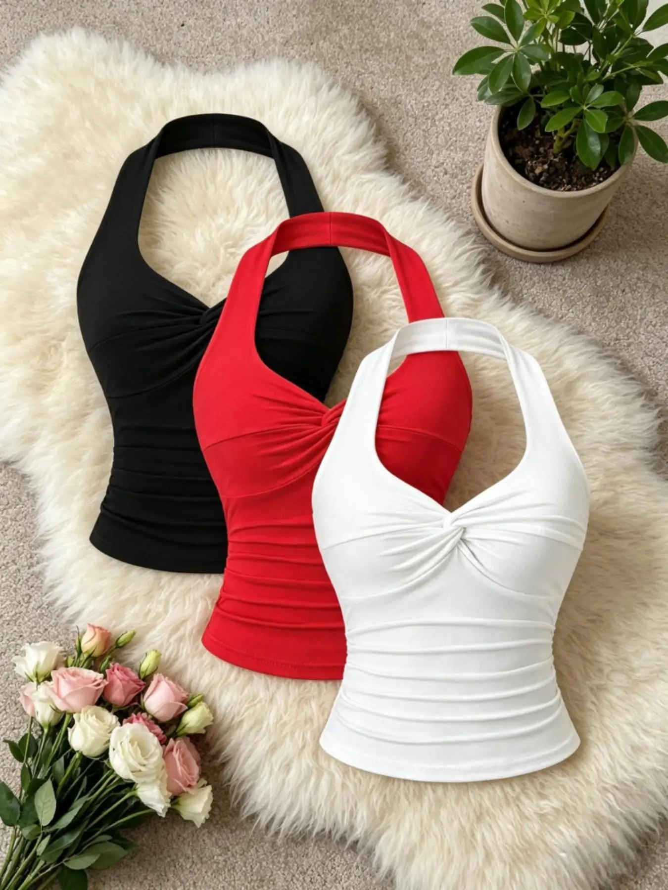 Pure Desire Style Halter Neck V-Neck Strap Top, Front Knot Design, Summer Basic Slimming Outerwear Innerwear Set of Three Pieces