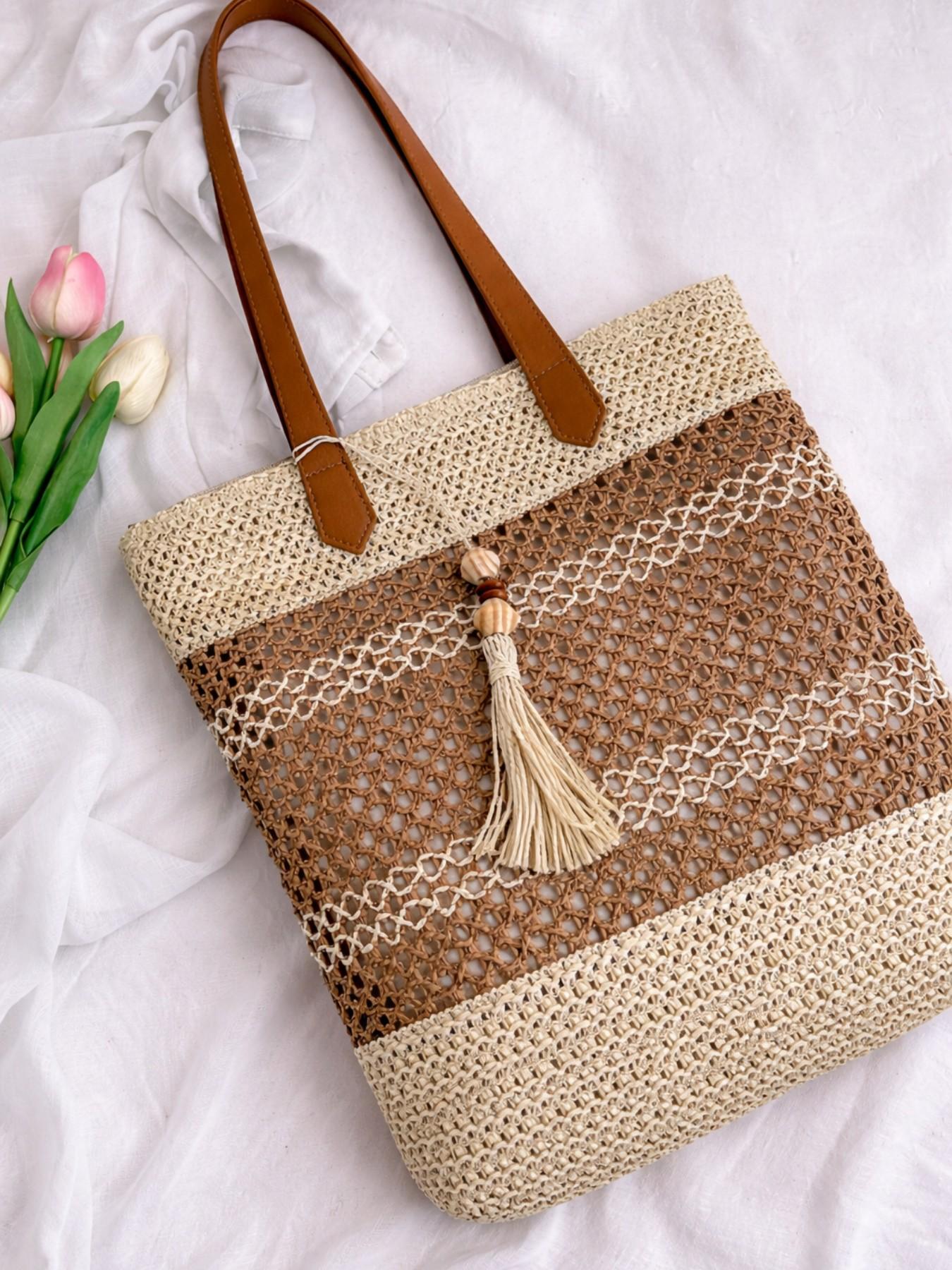 Vintage Tassel Woven Tote Bag 2026 | Boho Chic Hollow Out Straw Shoulder Bag | Large Capacity Crochet Beach Vacation Purse | Minimalist Aesthetic Summer Handbag for Women