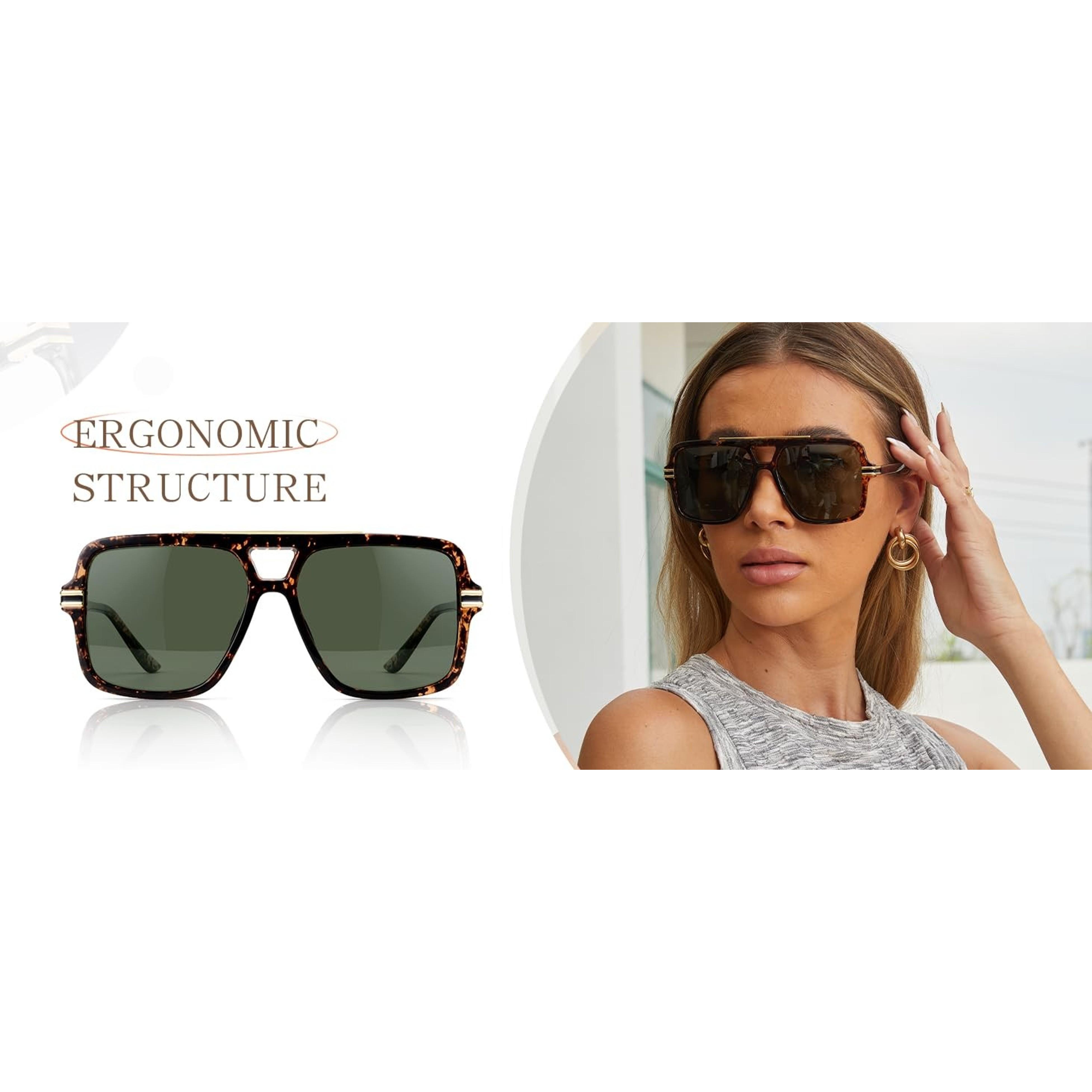 Retro Oversized Polarized Square Sunglasses for Women and Men, 70s Trendy Style, UV400 Protection, Double Bridge Pilot Design, Lightweight Shades for Travel and Daily Wear