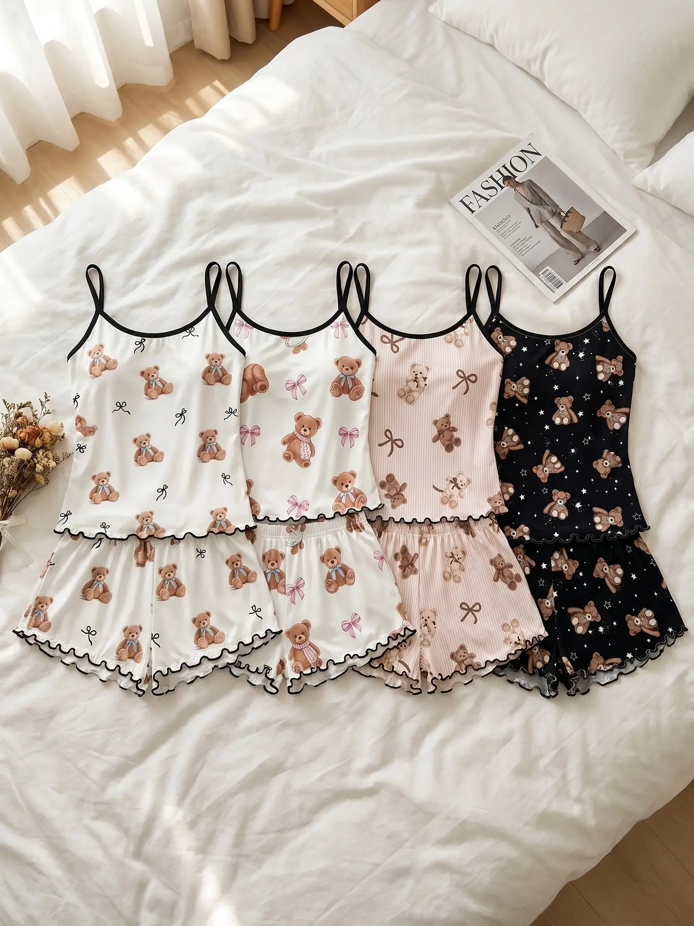 Women 4‑Pack Cami Top And Shorts Pajama Set, Wearable For All Seasons, Assorted lovely bear graphic prints, wavy hem shorts, soft home outfit for pal chat‑time and gentle background‑music leisure