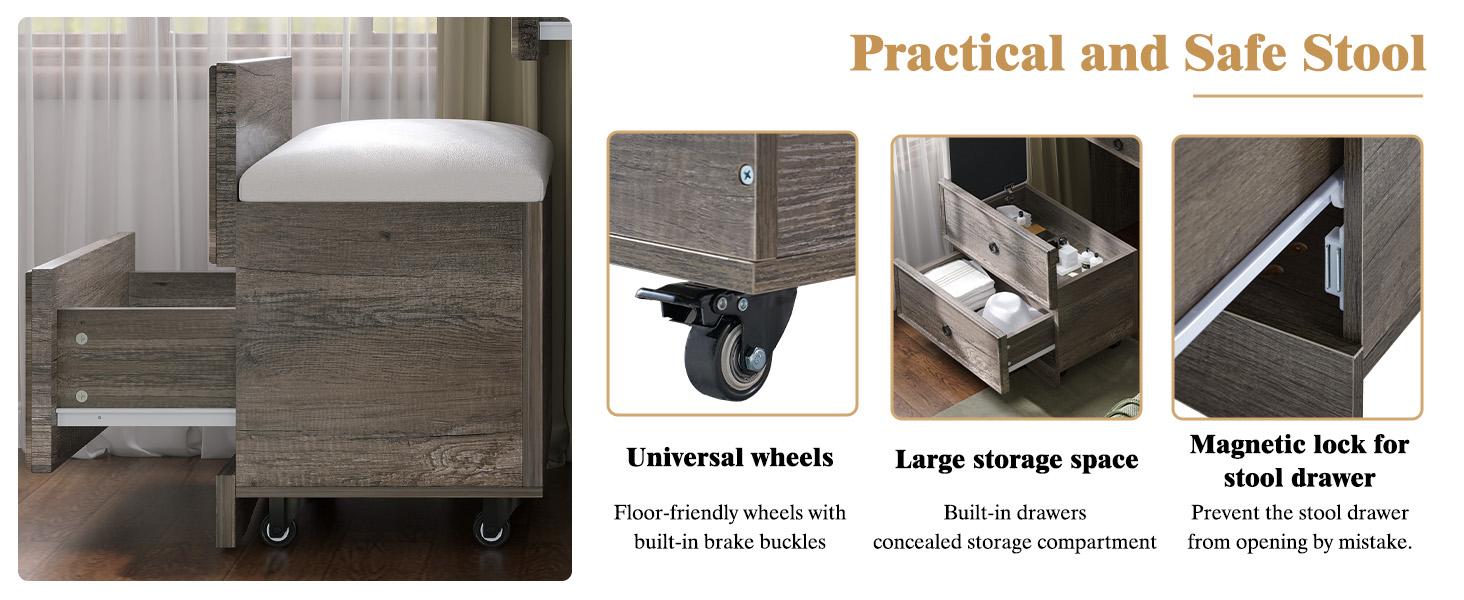 VanAcc 3-in-1 Vanity Set with LED Lighted Flip Top Mirror, Small Makeup Vanity Table with Fold-Up Panel, Hidden Stool and Charging Station, Versatile Vanity for Bedroom, Dressing Room, Sturdy and Durable